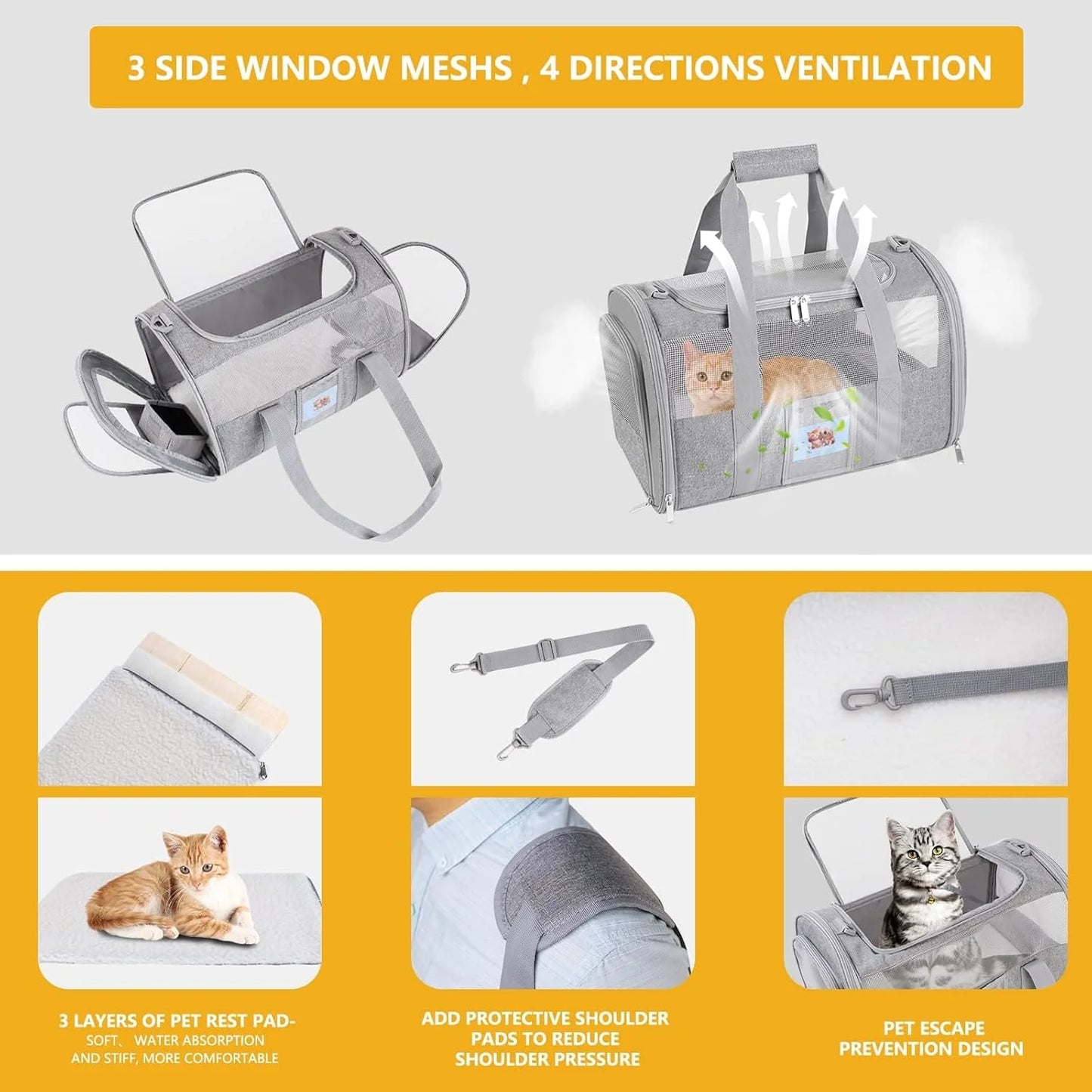 Cat and Small Dog Travel Bag, Tsa-Approved Soft-Sided Pet Tote for Pets under 15Lb, Collapsible Airline-Friendly Design – Grey