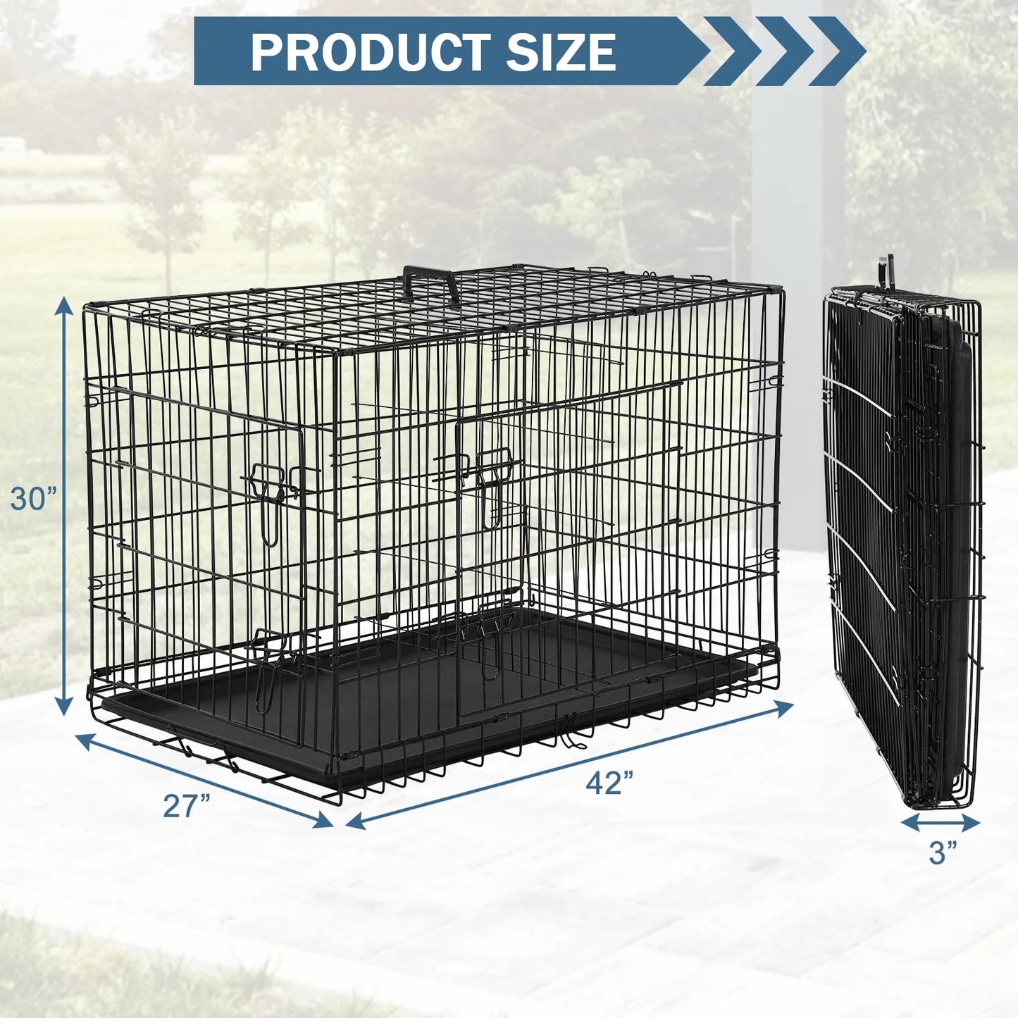 YRLLENSDAN 42 Inch Foldable Large Dog Crate for Large Dogs, Metal Wire Dog Cage with Plastic Tray and Handle Double-Door Outdoor Dog Crates and Kennels for Medium Dogs, Black