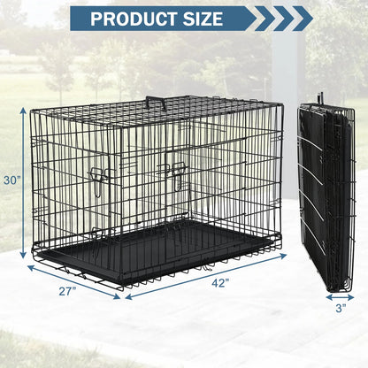 YRLLENSDAN 42 Inch Foldable Large Dog Crate for Large Dogs, Metal Wire Dog Cage with Plastic Tray and Handle Double-Door Outdoor Dog Crates and Kennels for Medium Dogs, Black