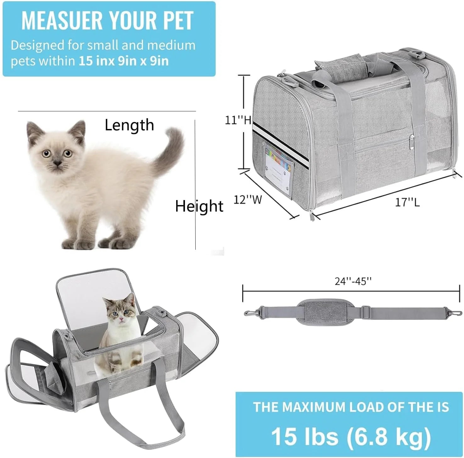Cat and Small Dog Travel Bag, Tsa-Approved Soft-Sided Pet Tote for Pets under 15Lb, Collapsible Airline-Friendly Design – Grey