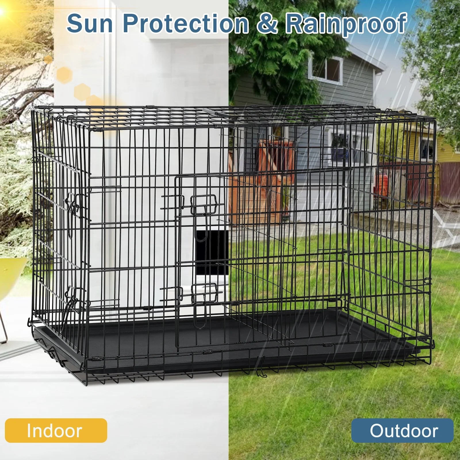 YRLLENSDAN 42 Inch Foldable Large Dog Crate for Large Dogs, Metal Wire Dog Cage with Plastic Tray and Handle Double-Door Outdoor Dog Crates and Kennels for Medium Dogs, Black