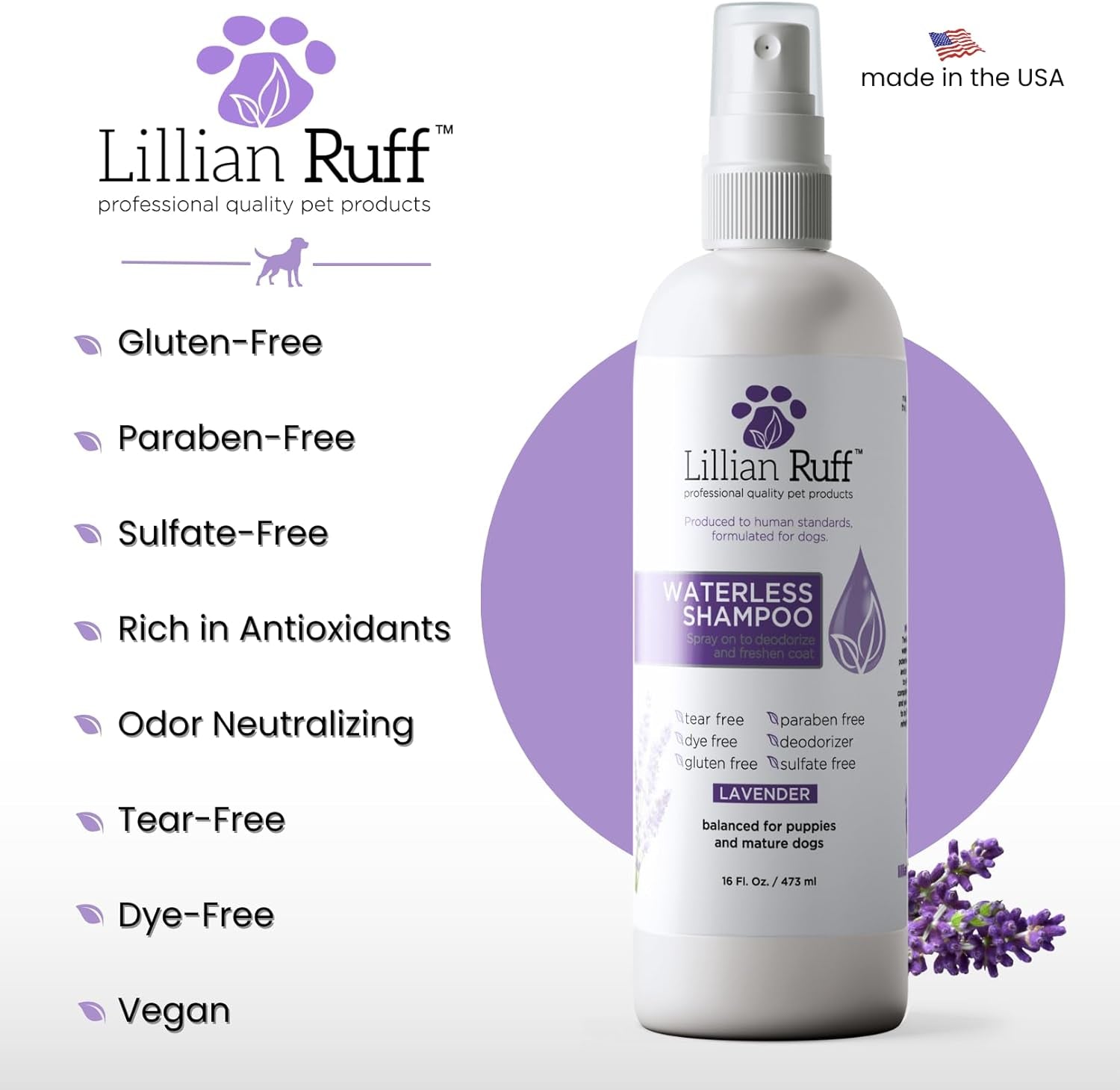 Waterless No-Rinse Dog Dry Shampoo Spray with Hydrating Essential Oils - Ph-Balanced Dry Shampoo for Dogs - Clean, Condition, Detangle & Deodorize Dry, Sensitive Skin (Lavender)