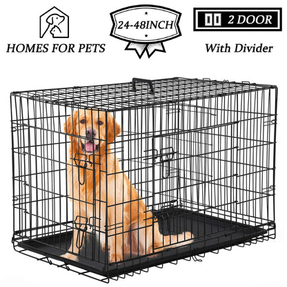 YRLLENSDAN 42 Inch Foldable Large Dog Crate for Large Dogs, Metal Wire Dog Cage with Plastic Tray and Handle Double-Door Outdoor Dog Crates and Kennels for Medium Dogs, Black