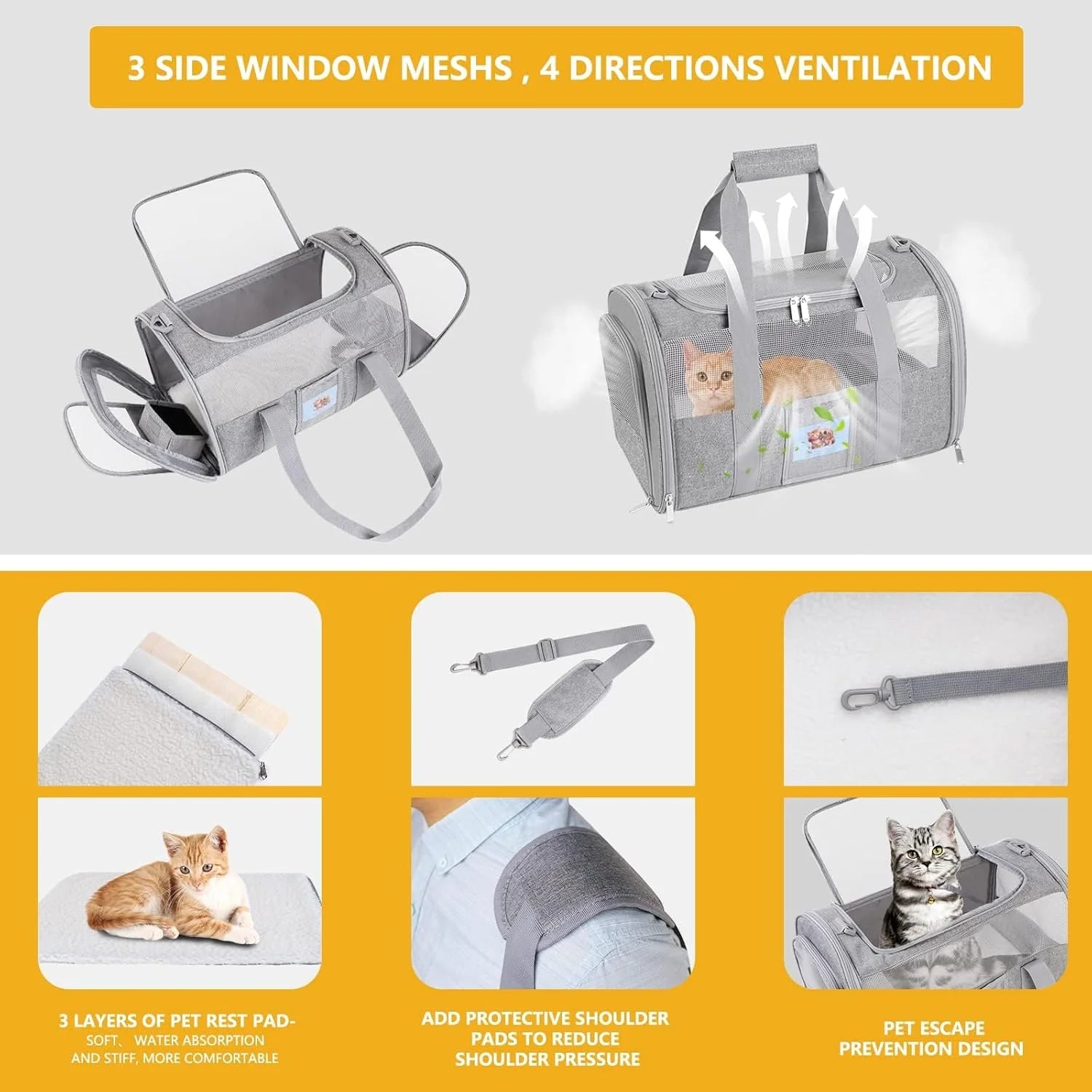 Cat and Small Dog Travel Bag, Tsa-Approved Soft-Sided Pet Tote for Pets under 15Lb, Collapsible Airline-Friendly Design – Grey