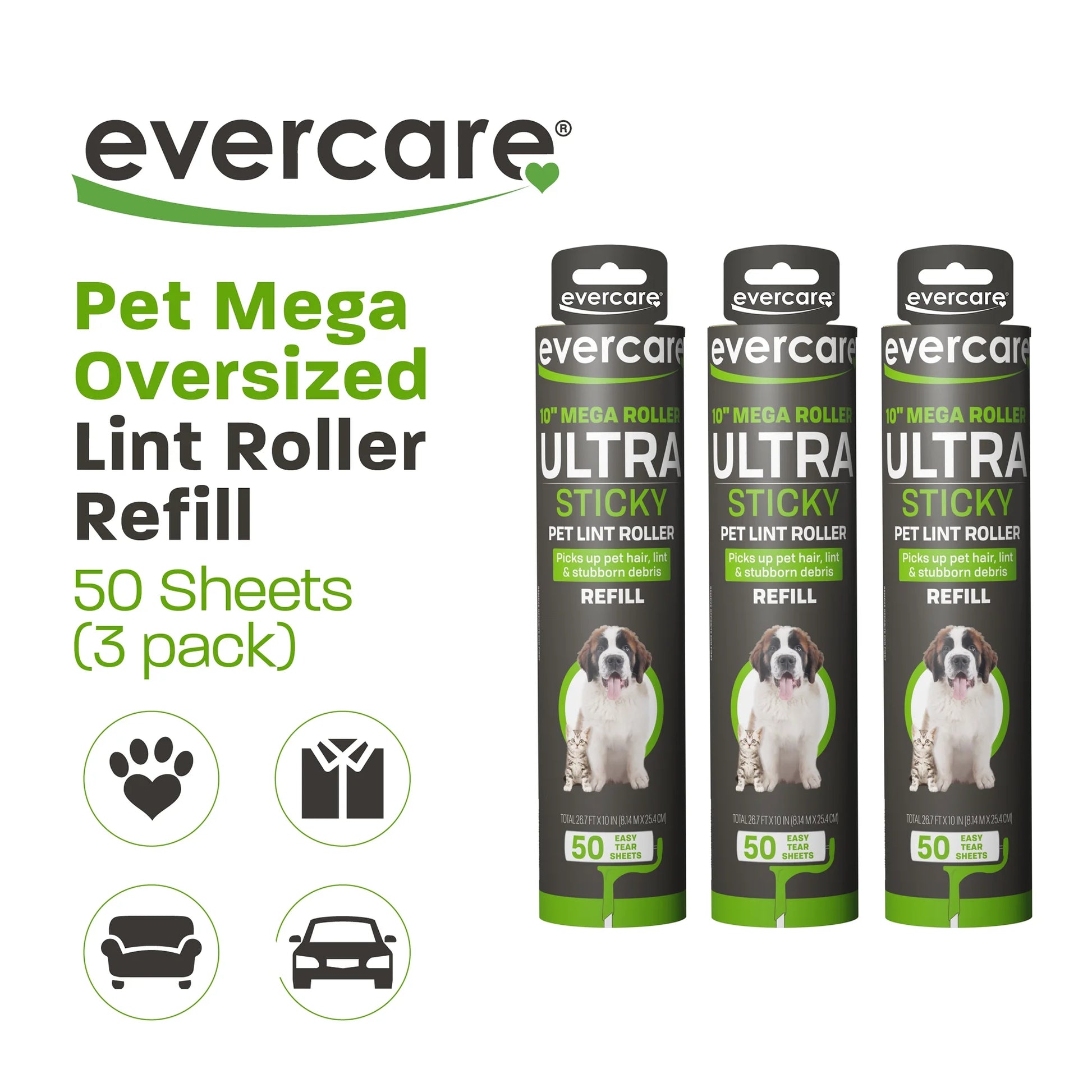 Pack of 3 All-Purpose Pet Mega Oversized Lint Roller Refills, 150 Sheets Total