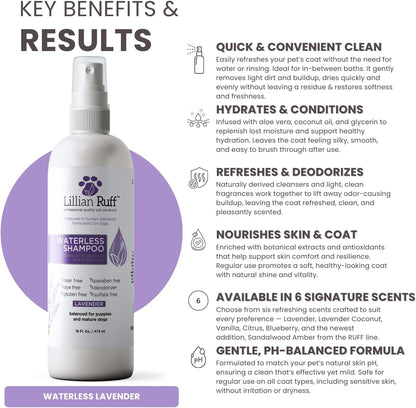 Waterless No-Rinse Dog Dry Shampoo Spray with Hydrating Essential Oils - Ph-Balanced Dry Shampoo for Dogs - Clean, Condition, Detangle & Deodorize Dry, Sensitive Skin (Lavender)