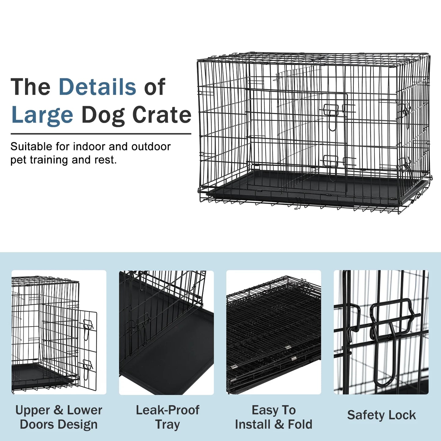 YRLLENSDAN 42 Inch Foldable Large Dog Crate for Large Dogs, Metal Wire Dog Cage with Plastic Tray and Handle Double-Door Outdoor Dog Crates and Kennels for Medium Dogs, Black