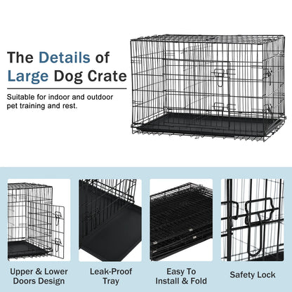 YRLLENSDAN 42 Inch Foldable Large Dog Crate for Large Dogs, Metal Wire Dog Cage with Plastic Tray and Handle Double-Door Outdoor Dog Crates and Kennels for Medium Dogs, Black